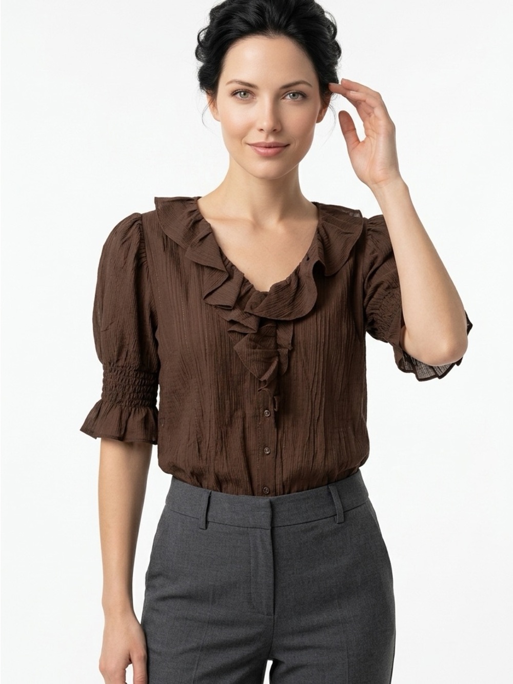 Laura Ashley Women’s M Chocolate Brown Ruffled Smock Sleeve Button Up Top Blouse